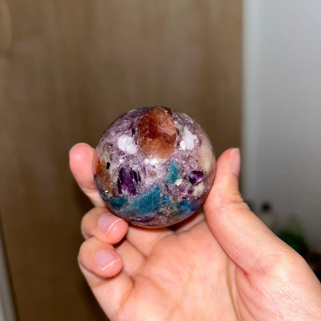 49.5ミリ レア レピドライト サンストーン アパタイト共生 スフィア 天然石