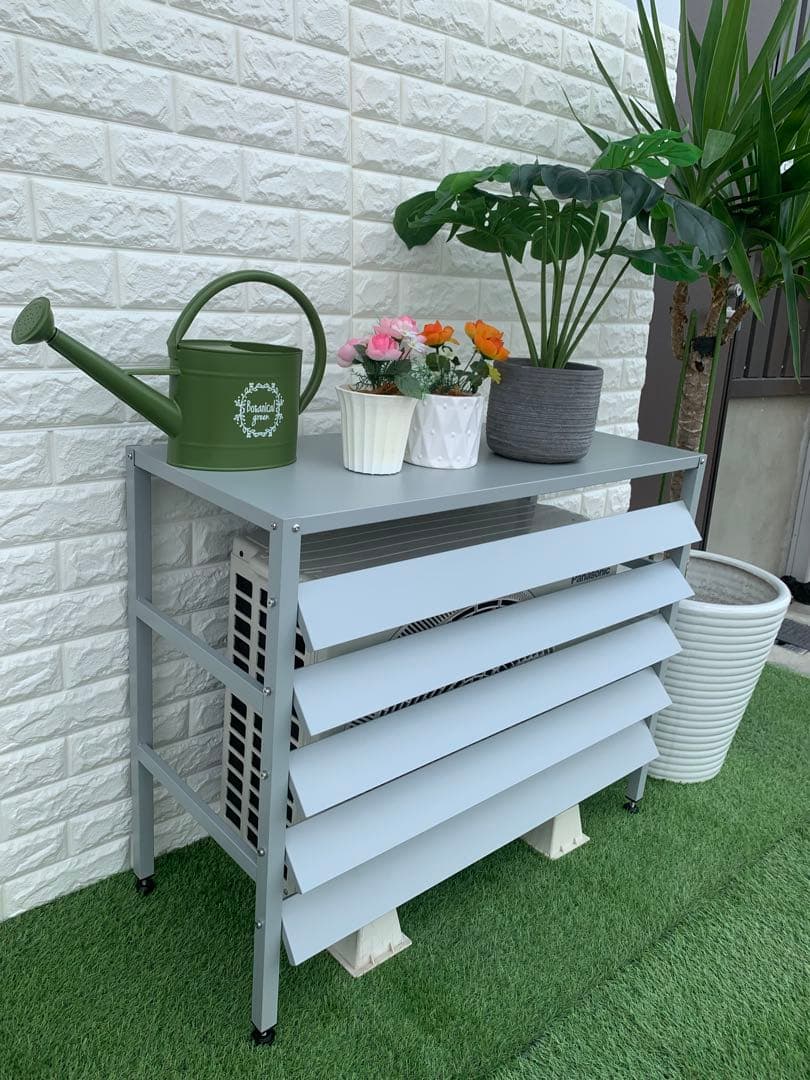 スチール製 エアコン室外機カバー排気ルーバー方向可調整 (Mサイズーライトグレー