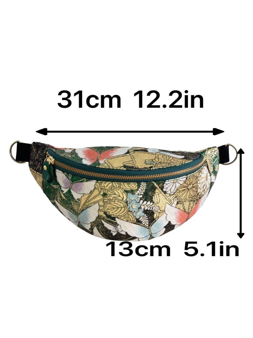 帯リメイクバッグ　華やかな蝶と花々のボディバッグ 正絹 グリーン 和モダン