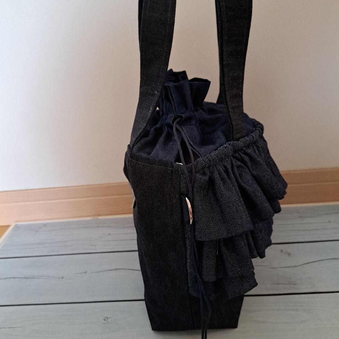 デニムリメイクバッグ　巾着トート　たっぷりフリル　オールデニム　ショルダー紐付