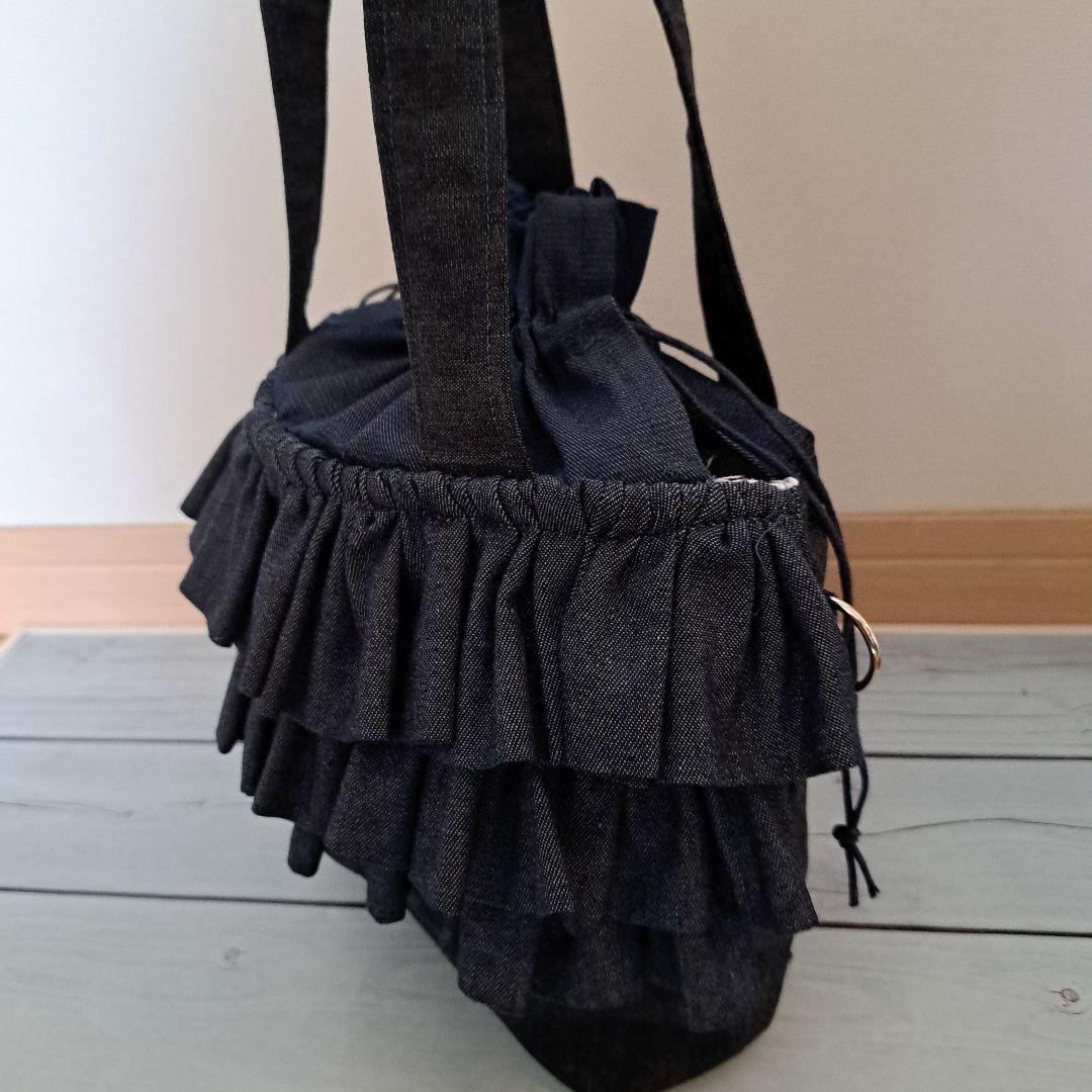 デニムリメイクバッグ　巾着トート　たっぷりフリル　オールデニム　ショルダー紐付