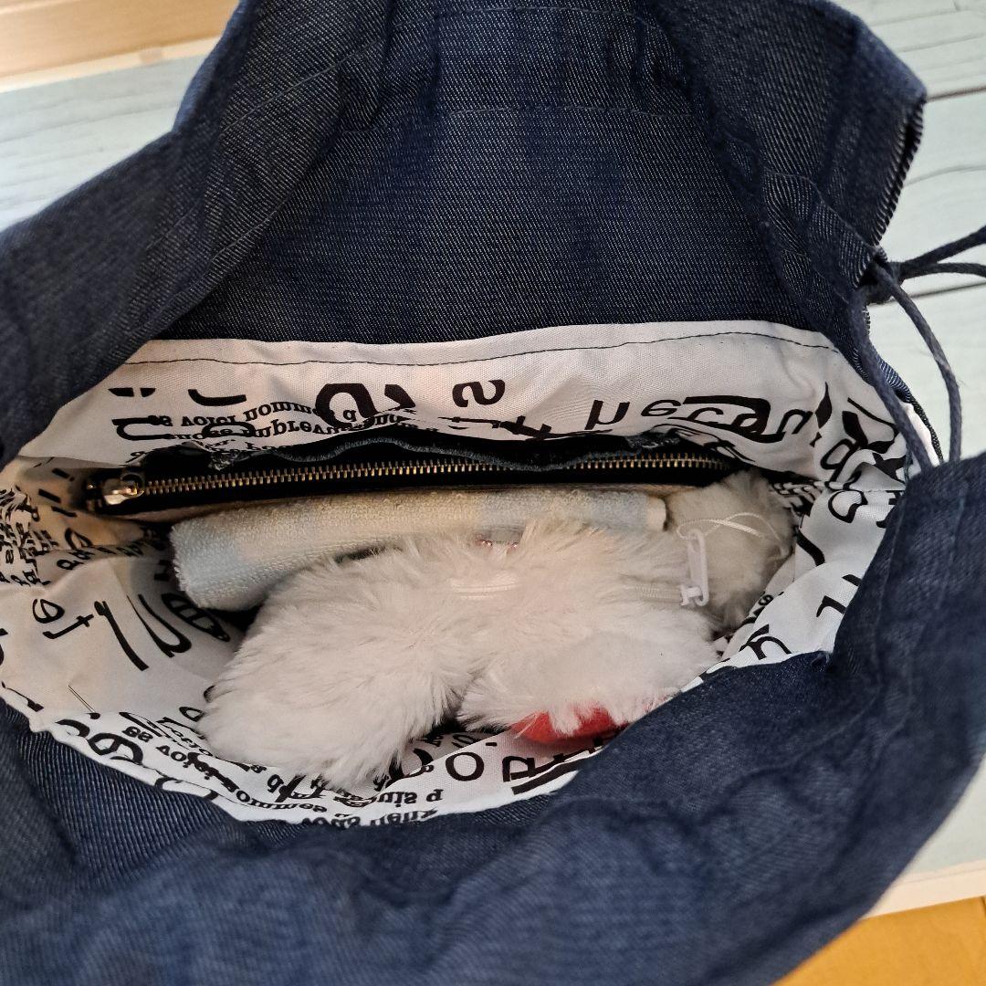 デニムリメイクバッグ　巾着トート　たっぷりフリル　オールデニム　ショルダー紐付