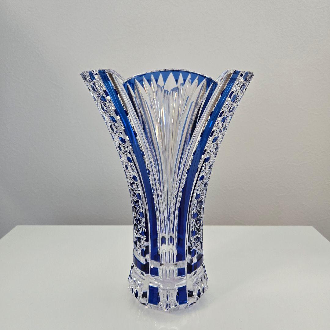 KAGAMI CRYSTAL 花瓶　江戸切子　笹っ葉に八角籠目紋
