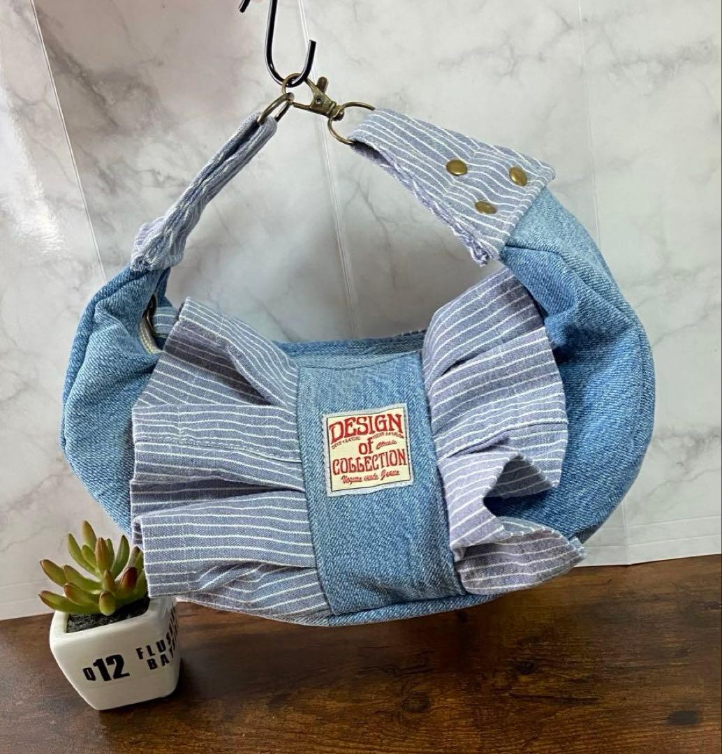 デニムリメイク【三日月型バッグ】ショルダーバッグ ヒッコリー ハンドメイド