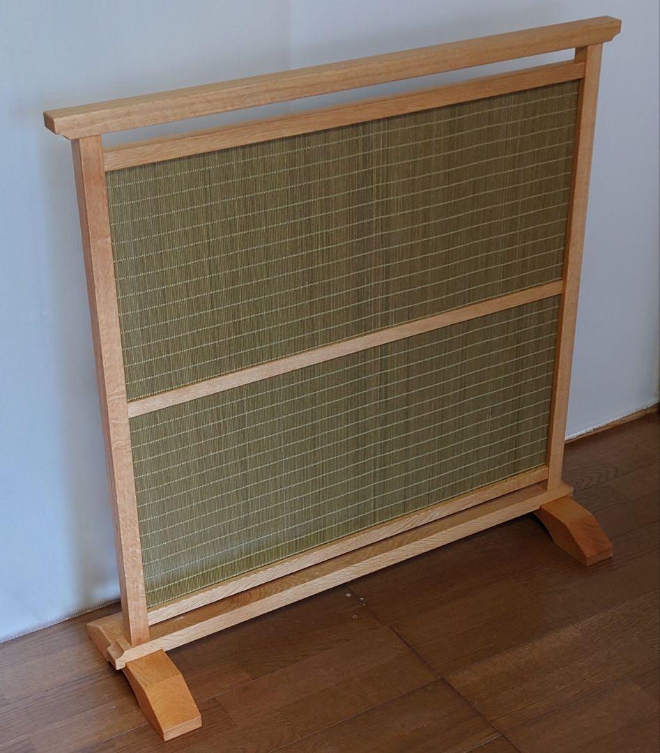 衝立　インテリア　スダレ衝立　天然杢楢無垢材フレーム　緑茶色木簾使用　１台限定