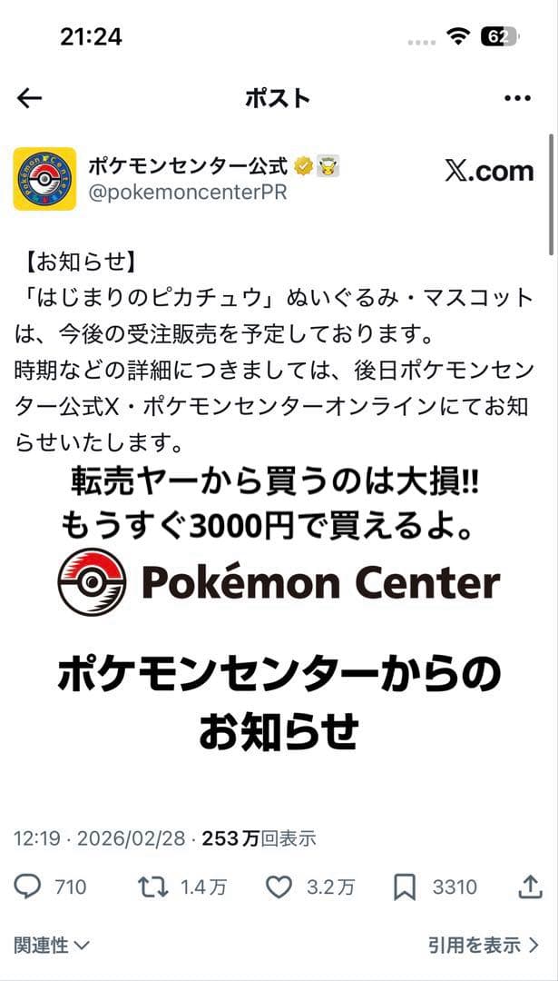 ポケセン　はじまりのピカチュウ　ぬいぐるみ&マスコット　ポケモン30周年
