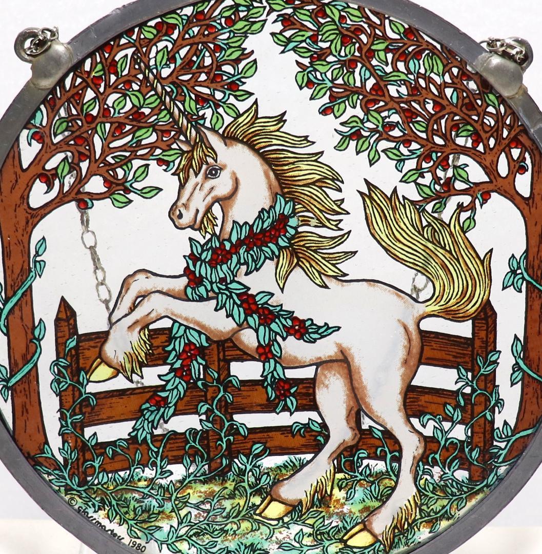 ユニコーンとオークの葉 ヴィンテージ ステンドグラス 天馬 白馬 タペストリー