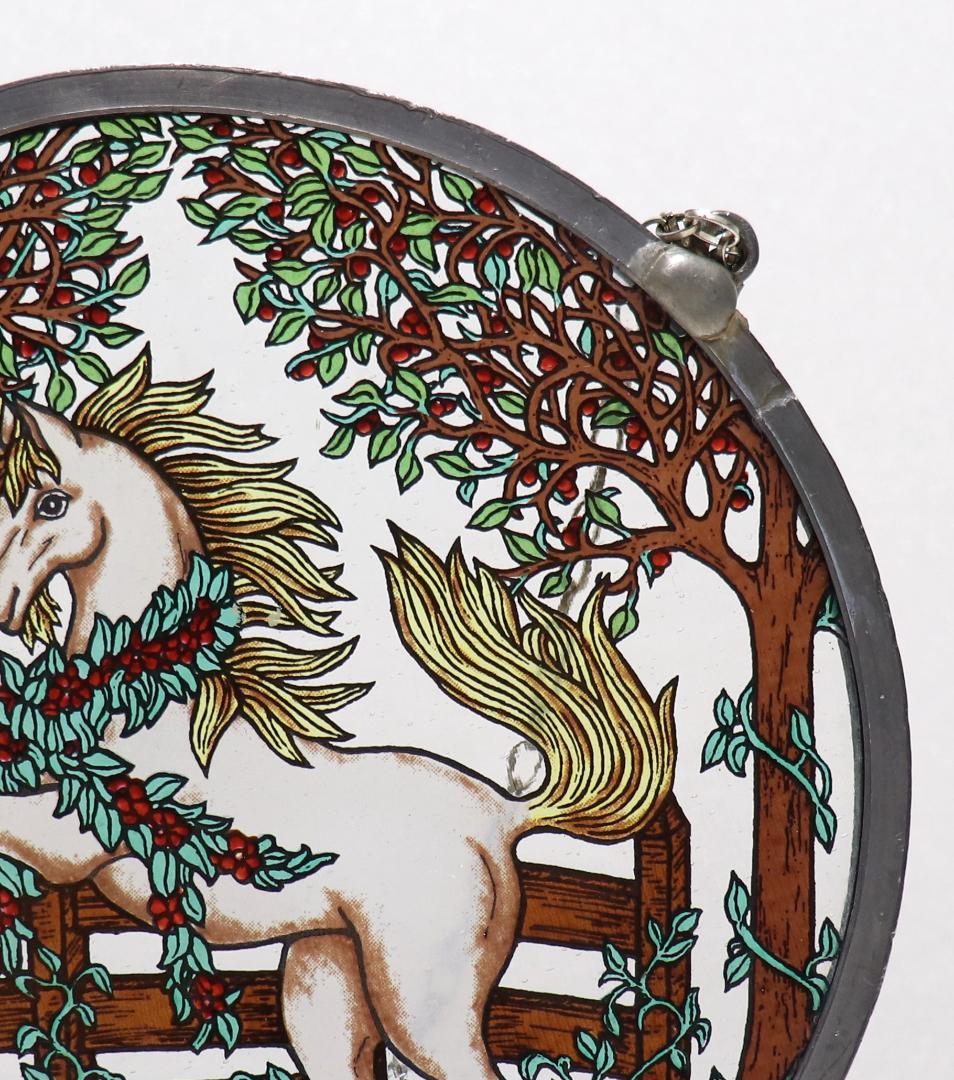 ユニコーンとオークの葉 ヴィンテージ ステンドグラス 天馬 白馬 タペストリー