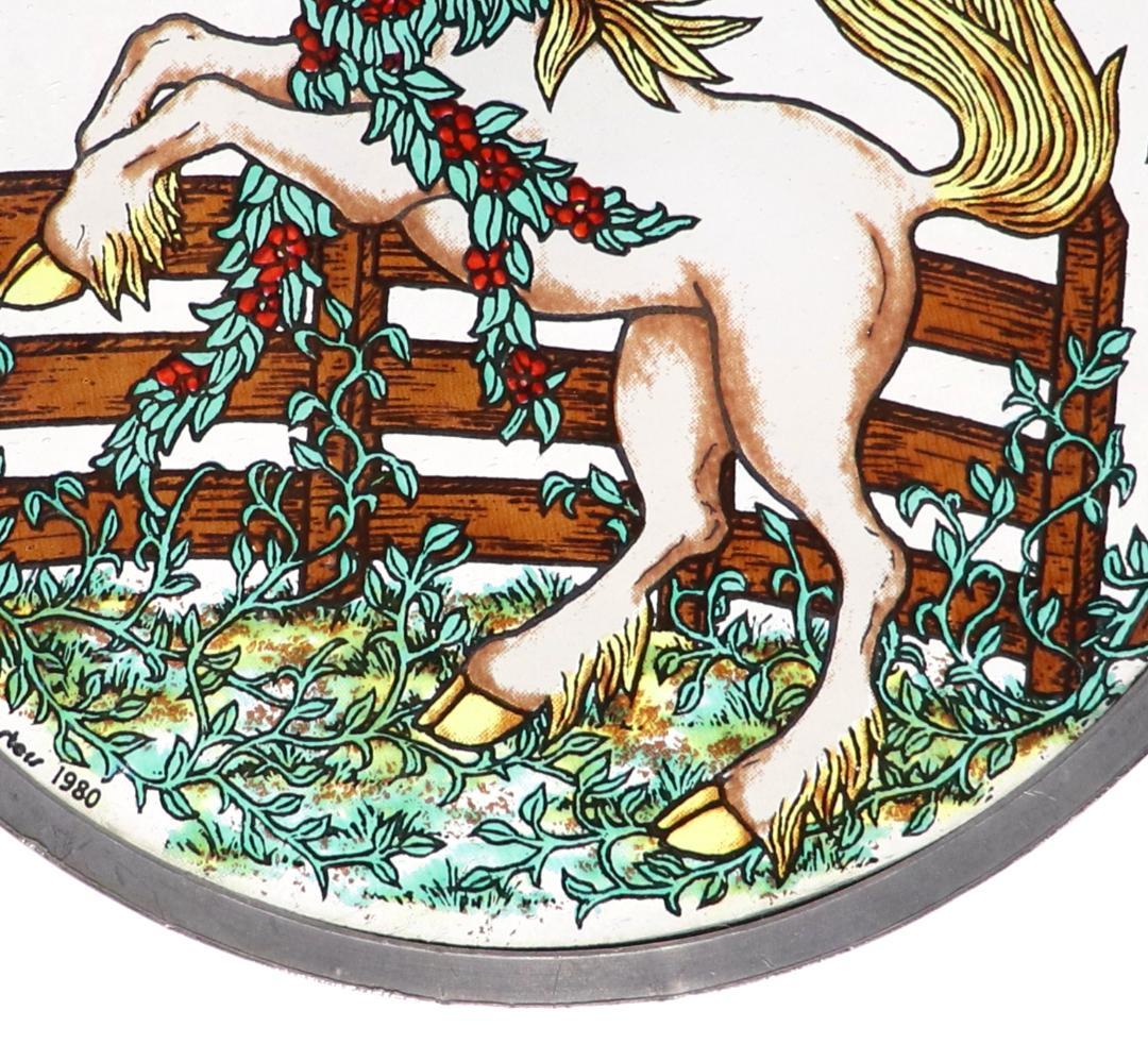 ユニコーンとオークの葉 ヴィンテージ ステンドグラス 天馬 白馬 タペストリー