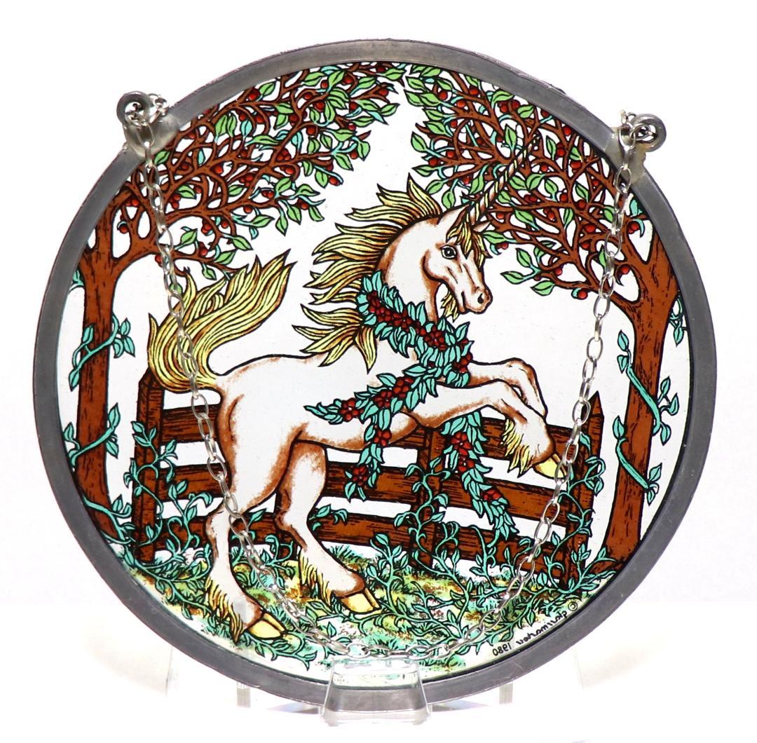 ユニコーンとオークの葉 ヴィンテージ ステンドグラス 天馬 白馬 タペストリー