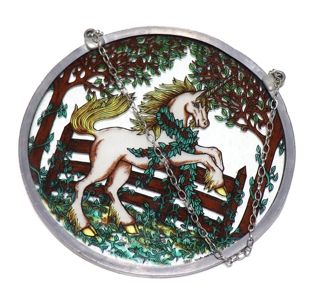 ユニコーンとオークの葉 ヴィンテージ ステンドグラス 天馬 白馬 タペストリー