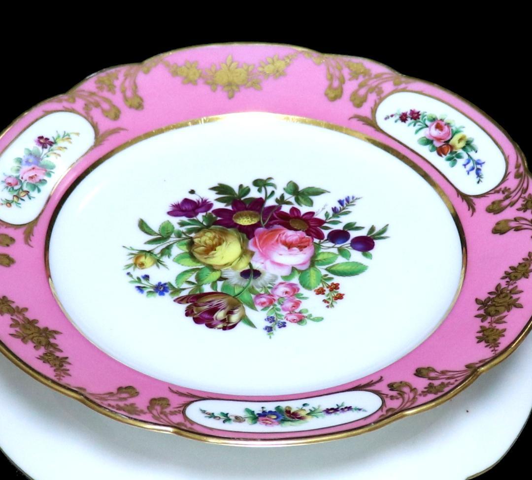 オールド・セーブル 美術館級1786年製淡紅地色絵金彩花文皿ポンパドゥールピンク