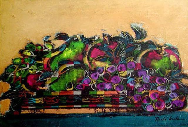 油絵 菅家令子 絵 絵画インテリア 額付(黒) uF6-061104 静物 果物