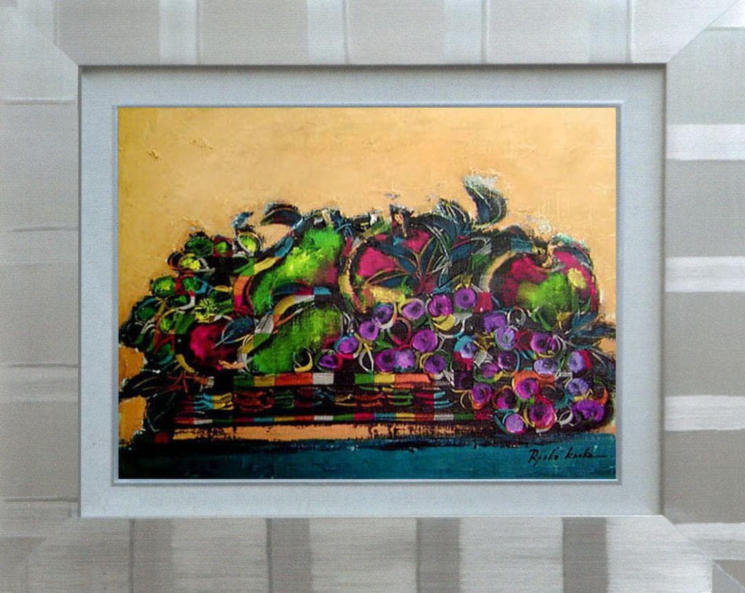 油絵 菅家令子 絵 絵画インテリア 額付(黒) uF6-061104 静物 果物