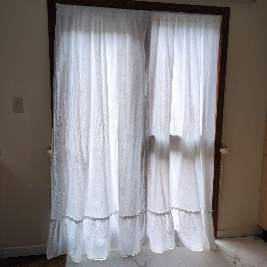 ホワイトコットン♪レース付きラッフル両開きカーテンリボンクリップ付き♡