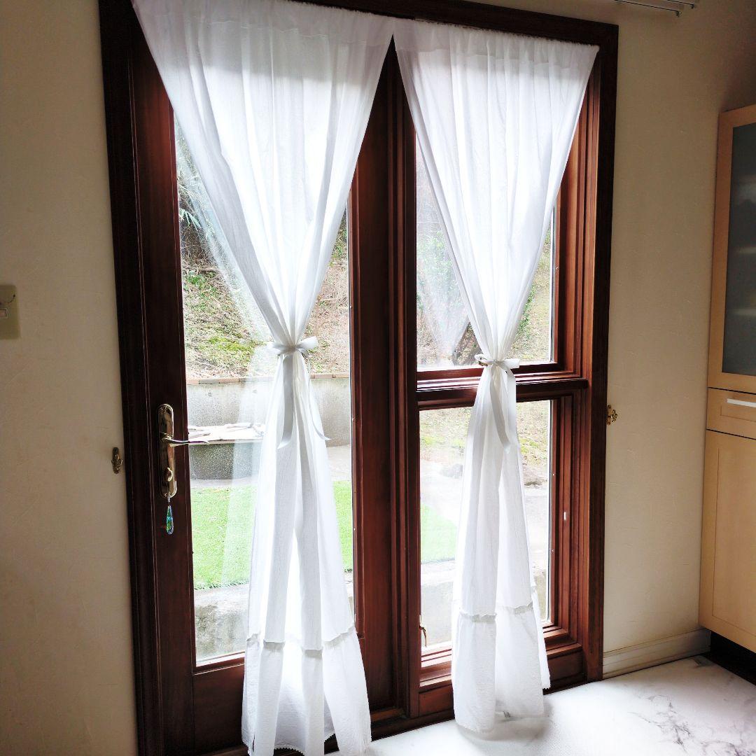 ホワイトコットン♪レース付きラッフル両開きカーテンリボンクリップ付き♡