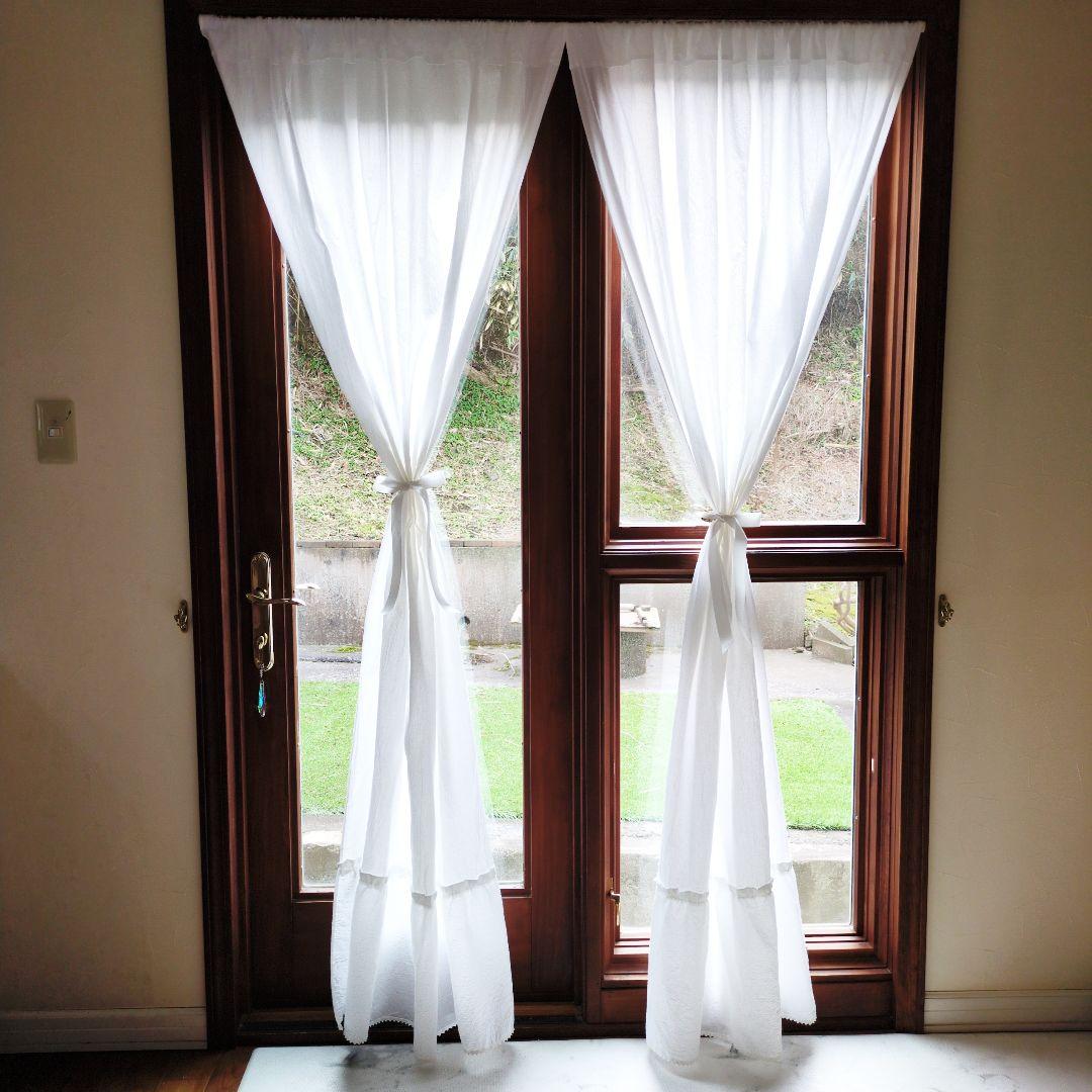 ホワイトコットン♪レース付きラッフル両開きカーテンリボンクリップ付き♡