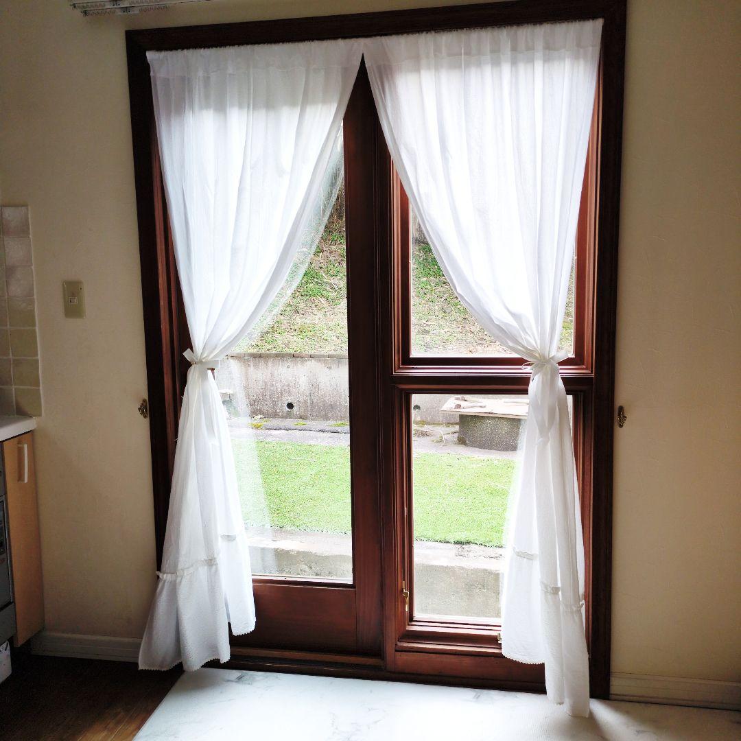 ホワイトコットン♪レース付きラッフル両開きカーテンリボンクリップ付き♡