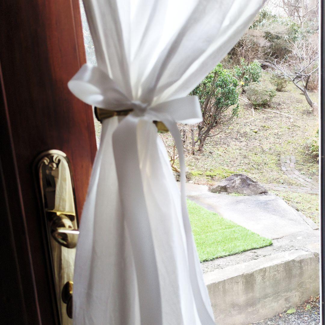 ホワイトコットン♪レース付きラッフル両開きカーテンリボンクリップ付き♡