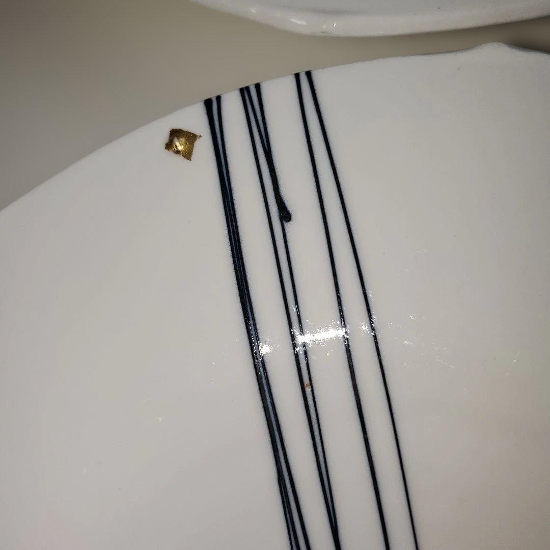 白地に黒ストライプの皿 6枚セット