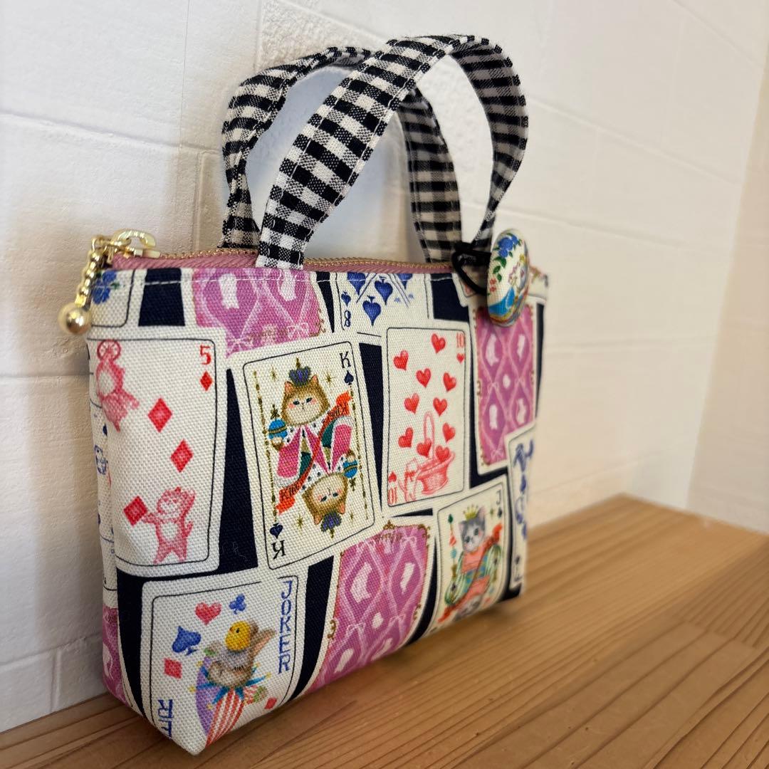 感謝価格　限定生地　ユキエモン　持ち手付16cmファスナーポーチ ハンドメイド