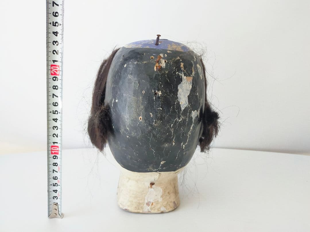 古い胡粉塗り文楽人形の頭、木偶、生き人形 人毛、歌舞伎 男面、木彫 骨董、古美術