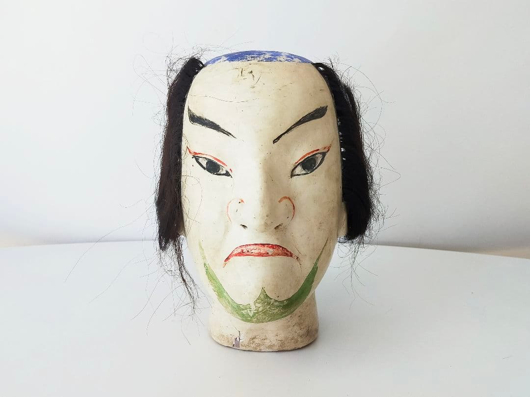 古い胡粉塗り文楽人形の頭、木偶、生き人形 人毛、歌舞伎 男面、木彫 骨董、古美術