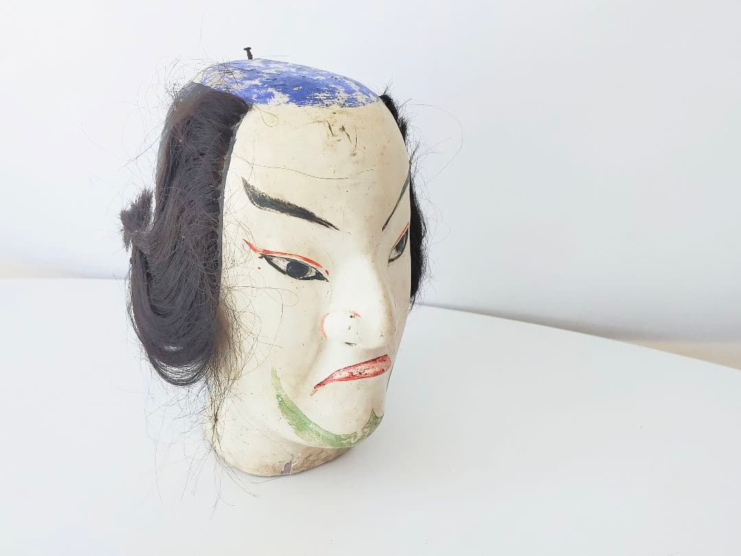 古い胡粉塗り文楽人形の頭、木偶、生き人形 人毛、歌舞伎 男面、木彫 骨董、古美術