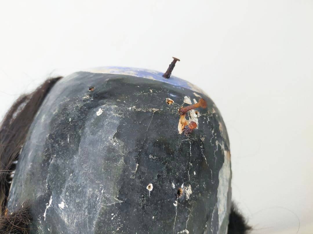 古い胡粉塗り文楽人形の頭、木偶、生き人形 人毛、歌舞伎 男面、木彫 骨董、古美術