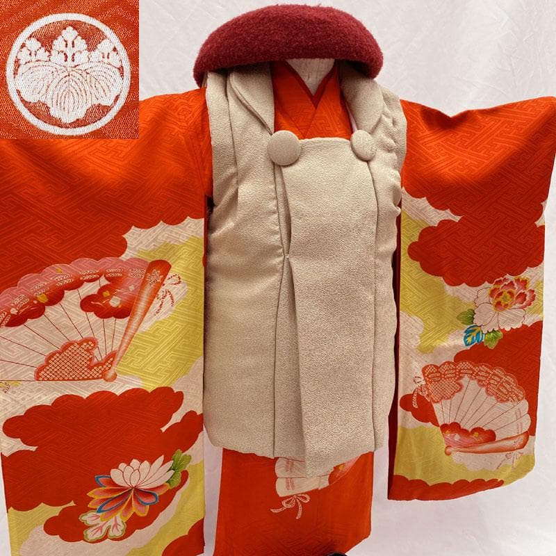509ag9◎七五三 三歳 女の子 アンティーク着物&被布&長襦袢五つ紋 濃朱◎