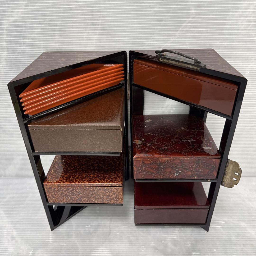 時代物 漆塗り 両開重 重箱 虫食塗 漆器 茶道具 弁当箱 手提げ アンティーク