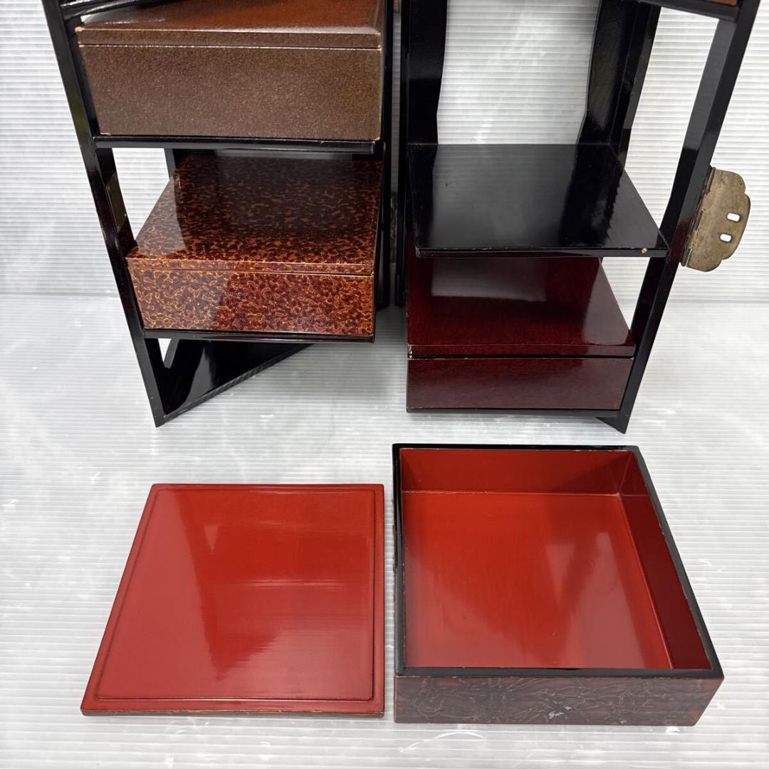時代物 漆塗り 両開重 重箱 虫食塗 漆器 茶道具 弁当箱 手提げ アンティーク