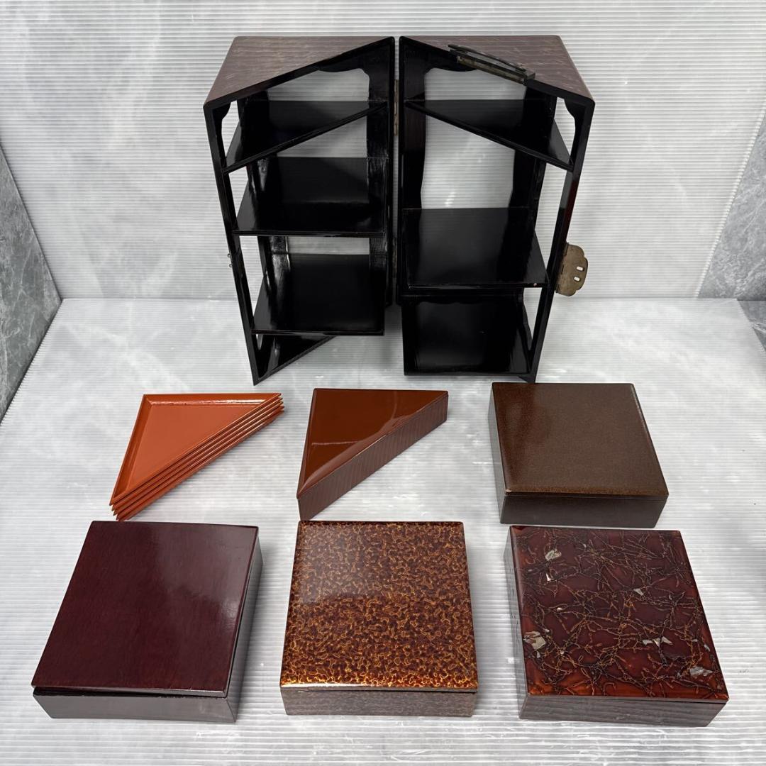 時代物 漆塗り 両開重 重箱 虫食塗 漆器 茶道具 弁当箱 手提げ アンティーク