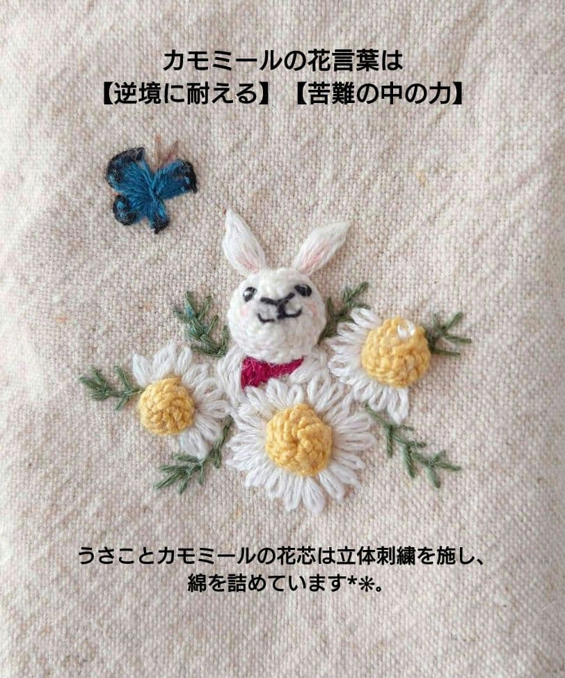 手刺繍入　貝ボタン付き メガネケース/ペンケース【うさことカモミールと青い蝶々】