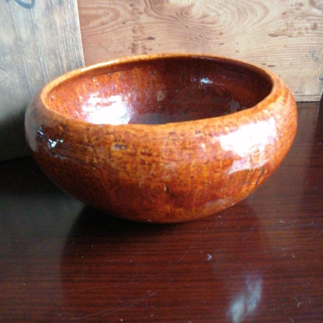 大樋焼　飴釉菓子器　18cm　明治〜昭和初期