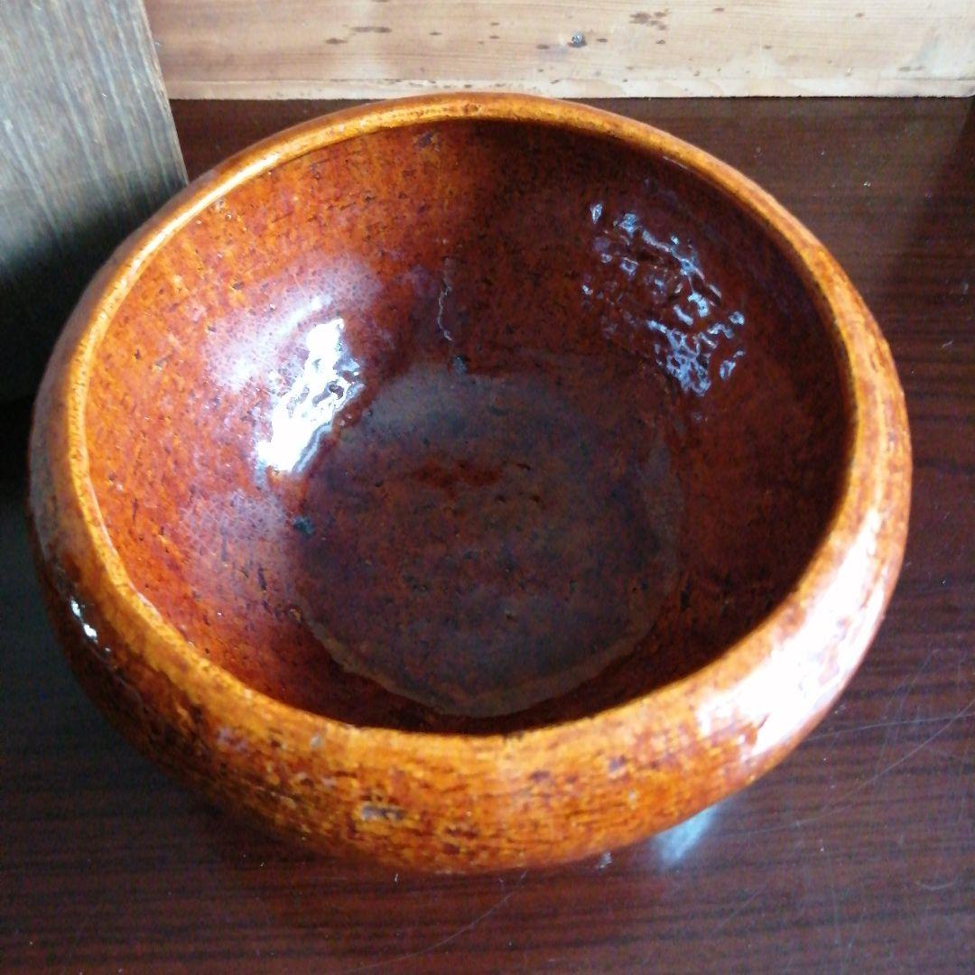 大樋焼　飴釉菓子器　18cm　明治〜昭和初期