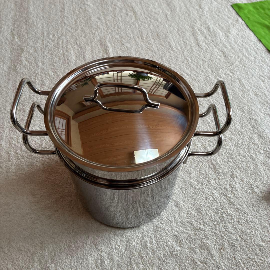 ム*リ様 IH対応ステン製 寸胴鍋 両側ハンドル付き ザル付き 鍋深さ20cm直