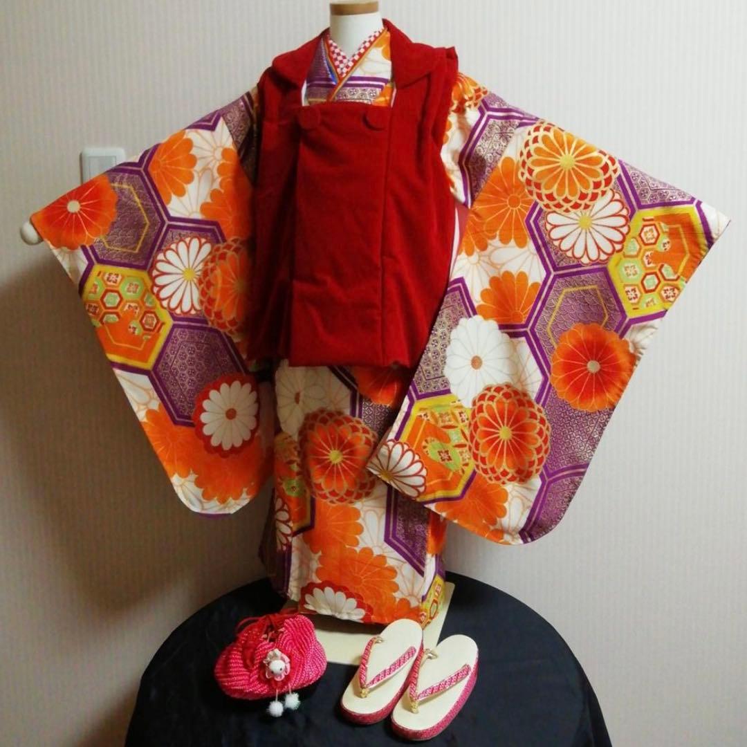 七五三 3歳 着物 アンティーク 丸菊紋に亀甲吉兆図 着物 長襦袢 被布 セット