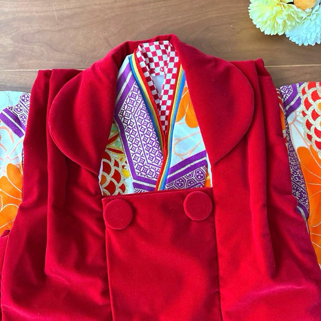 七五三 3歳 着物 アンティーク 丸菊紋に亀甲吉兆図 着物 長襦袢 被布 セット