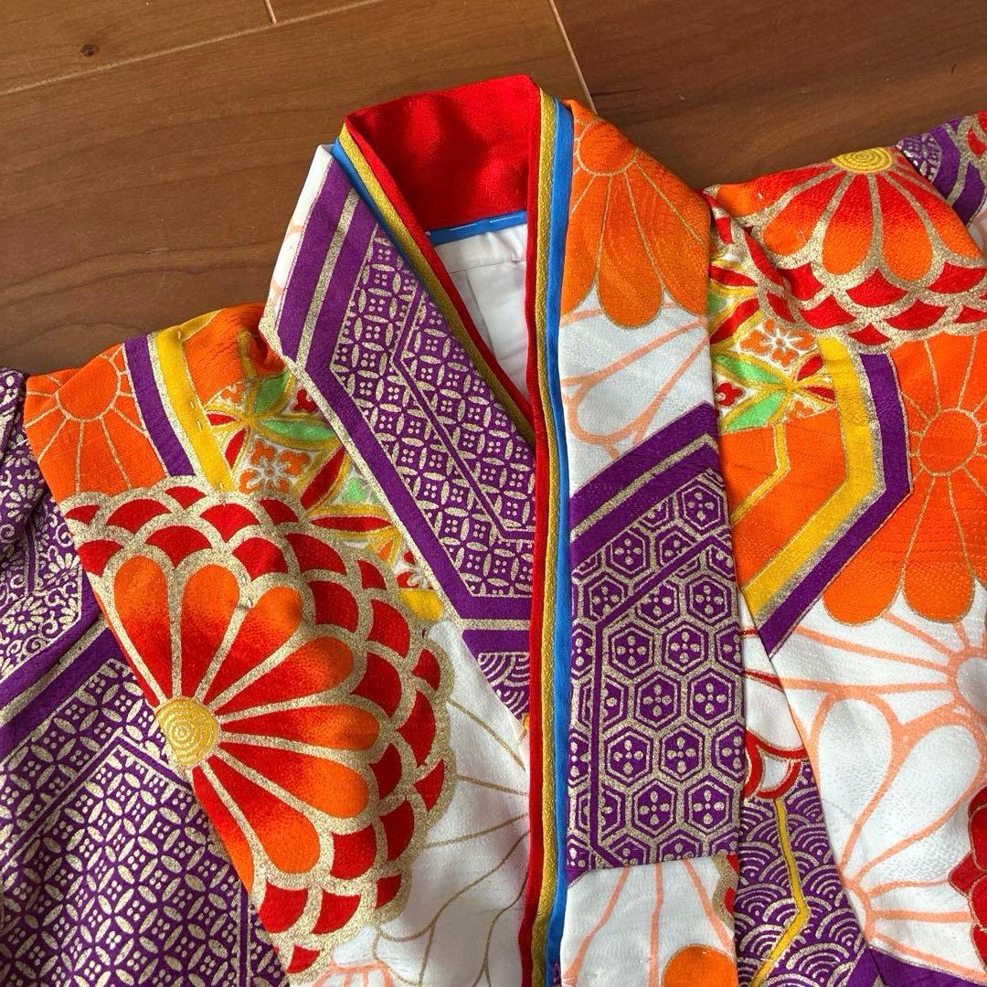 七五三 3歳 着物 アンティーク 丸菊紋に亀甲吉兆図 着物 長襦袢 被布 セット