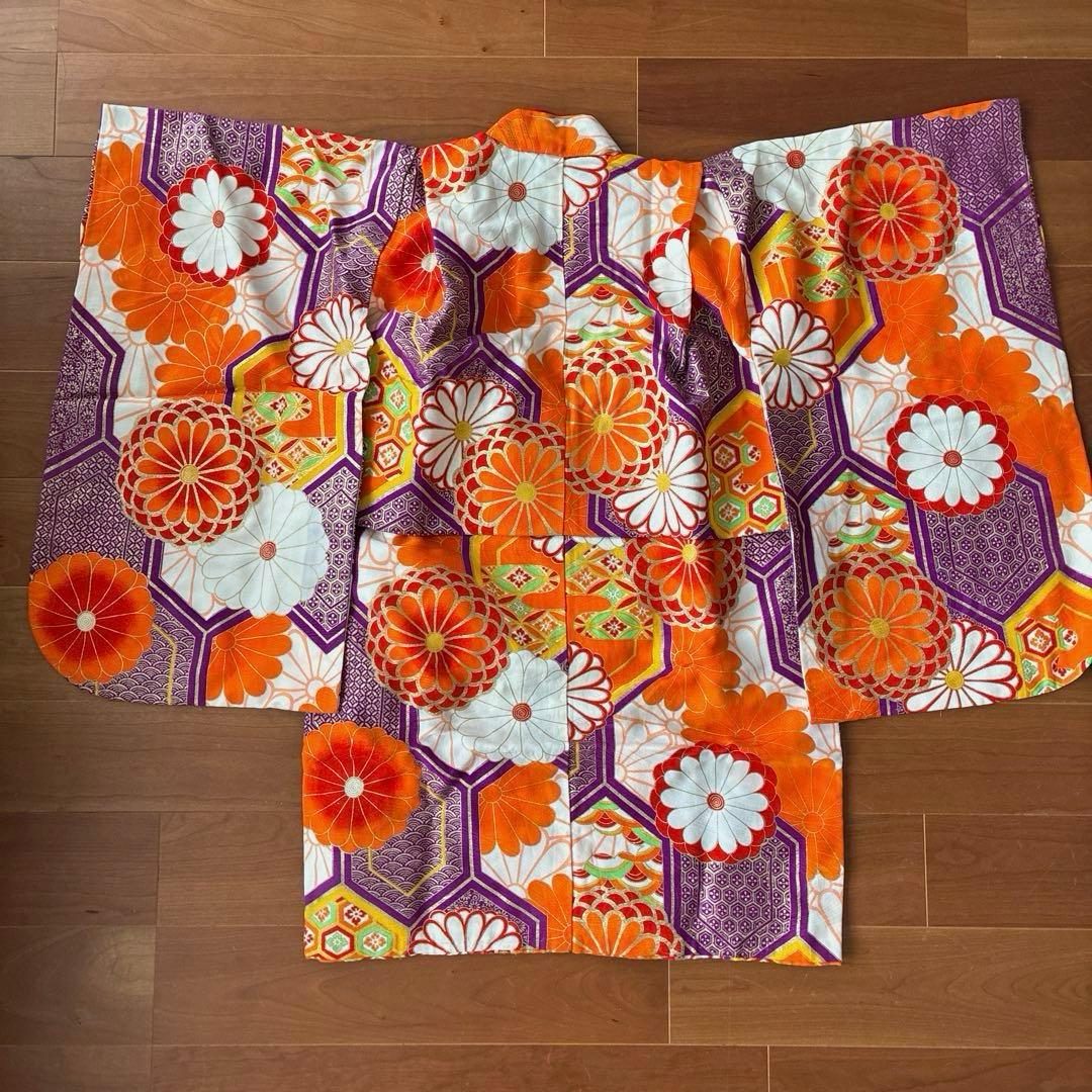 七五三 3歳 着物 アンティーク 丸菊紋に亀甲吉兆図 着物 長襦袢 被布 セット