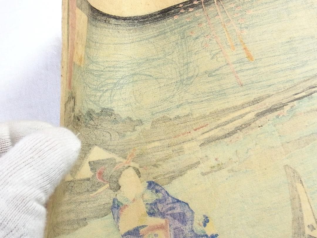 江戸浮世絵 芳艶作 舟遊び美人図 花火と芝浦の景 木版画 アンティーク 希少