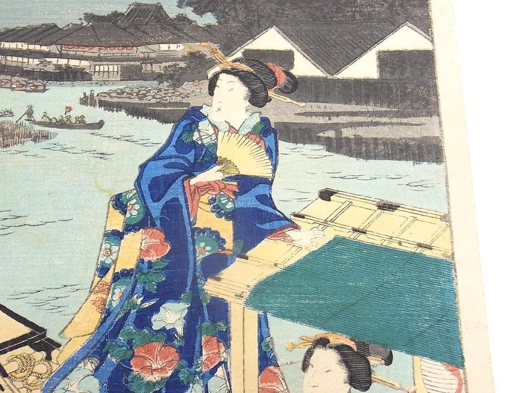 江戸浮世絵 芳艶作 舟遊び美人図 花火と芝浦の景 木版画 アンティーク 希少