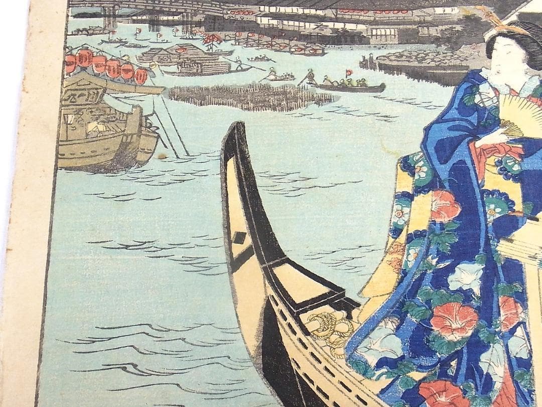 江戸浮世絵 芳艶作 舟遊び美人図 花火と芝浦の景 木版画 アンティーク 希少