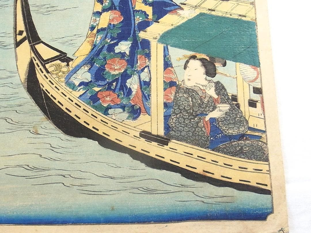 江戸浮世絵 芳艶作 舟遊び美人図 花火と芝浦の景 木版画 アンティーク 希少