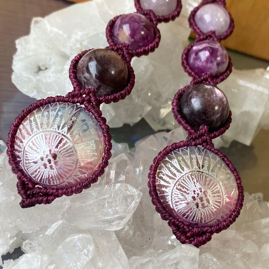 一点物❁⃘マクラメ編みイヤリング❂1504❂エスニックビーズ❤︎パープルマイカ