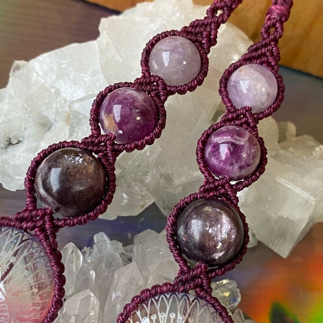 一点物❁⃘マクラメ編みイヤリング❂1504❂エスニックビーズ❤︎パープルマイカ