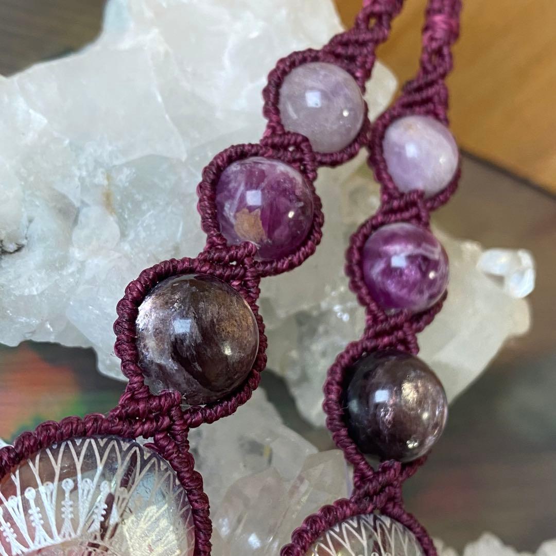 一点物❁⃘マクラメ編みイヤリング❂1504❂エスニックビーズ❤︎パープルマイカ