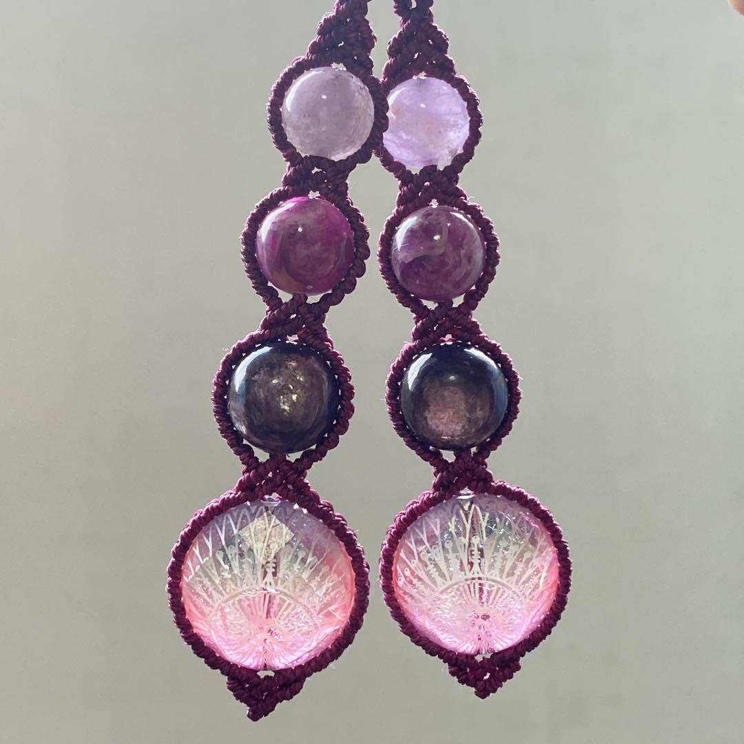 一点物❁⃘マクラメ編みイヤリング❂1504❂エスニックビーズ❤︎パープルマイカ