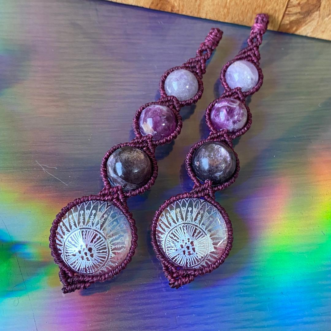 一点物❁⃘マクラメ編みイヤリング❂1504❂エスニックビーズ❤︎パープルマイカ